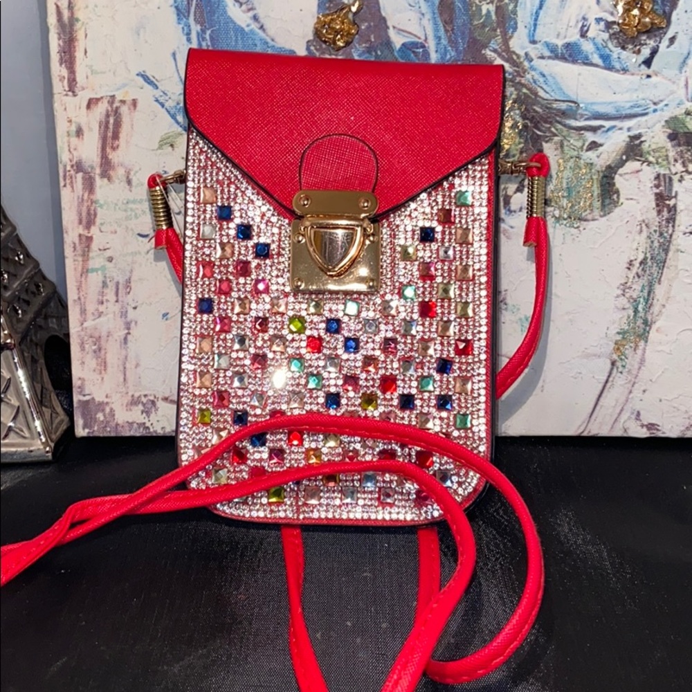 Red Jeweled Crossbody Phone Bag - Sparkling Accent Shoulder Purse